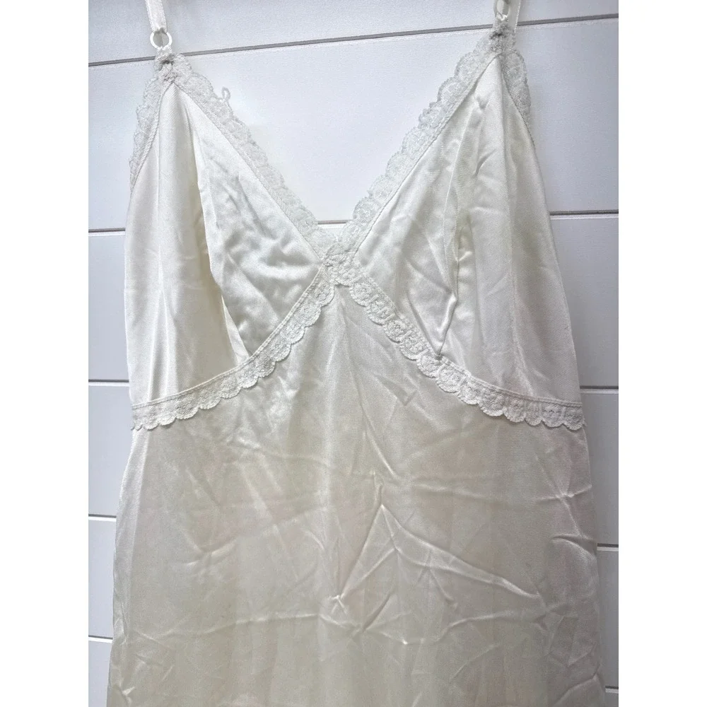 Vintage Ivory Satin Lace Trim Full Slip Dress Maxi Nightgown Size 36 USA Made - Picture 3 of 9
